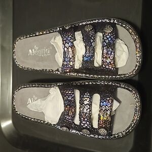 Multi colored metallic snake print sandals
